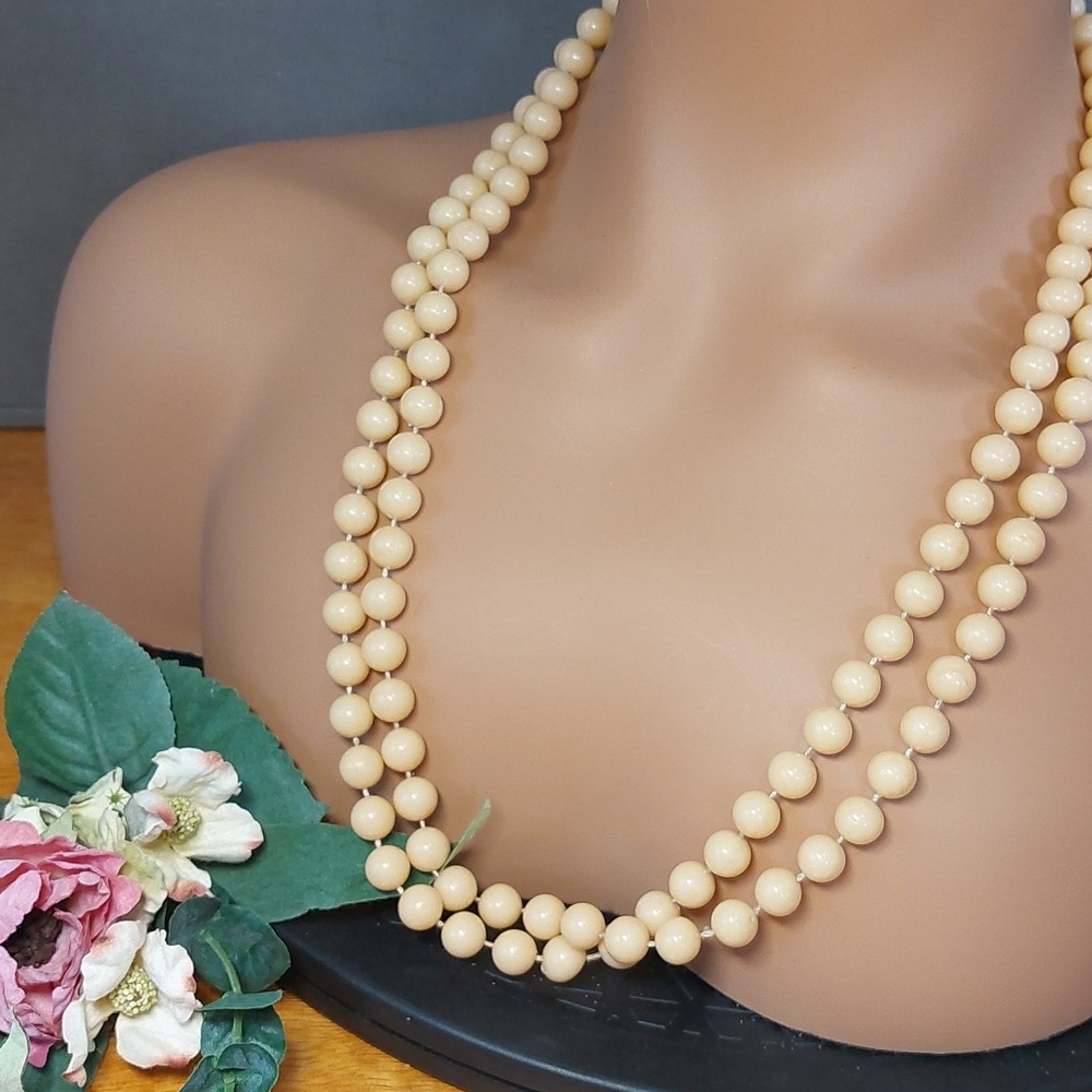Vintage Hong Kong 52" Long Plastic Bead Necklace Cream